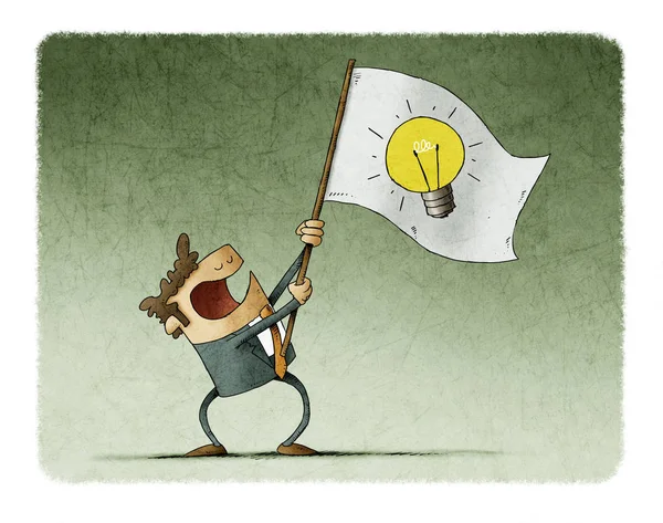 Man waves a flag with the symbol of a light bulb. Idea concept — Stock Photo, Image