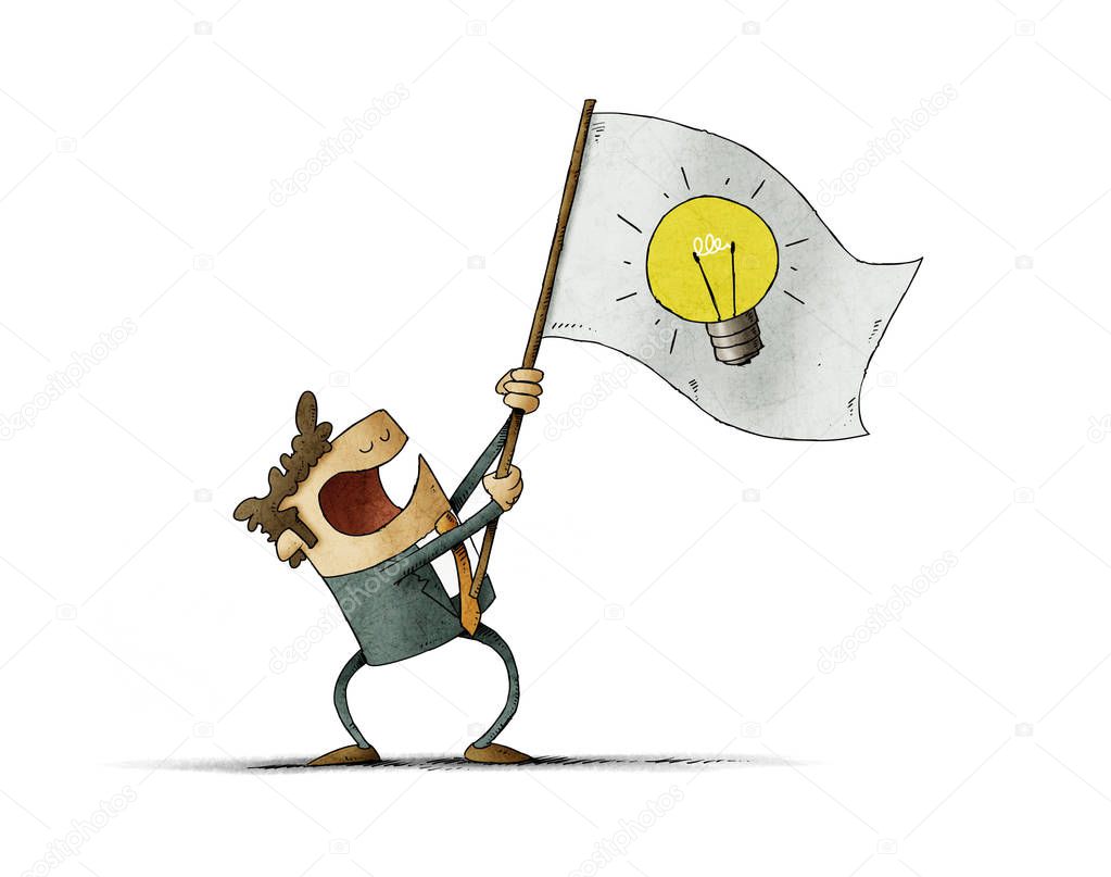 Man waves a flag with the symbol of a light bulb. Idea concept. isolated