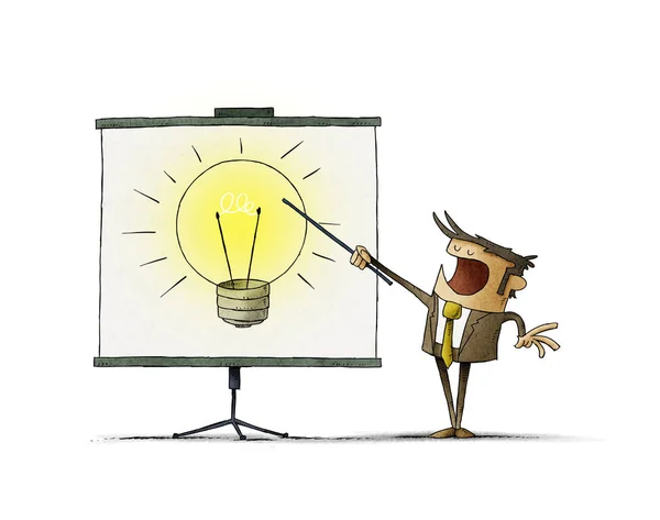 L'uomo d'affari indica su un display una grande lampadina. creatività concetto di insegnamento. isolato — Foto Stock