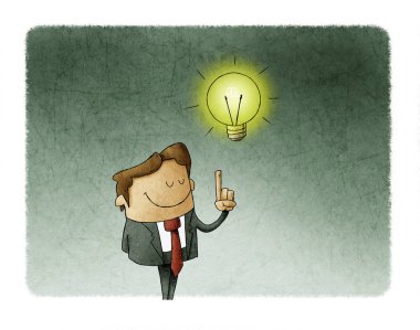 Kafasının üstünde ampul olan bir adamın resmi. Yaratıcılık kavramı