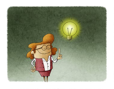 illustration of a businesswoman who has a lit bulb above his head. Creativity concept. clipart