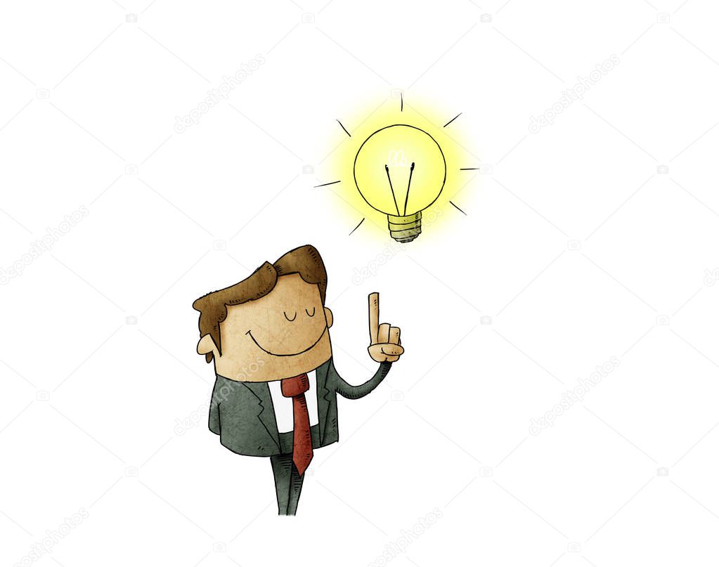 illustration of a man who has a lit bulb above his head. Creativity concept. isolated