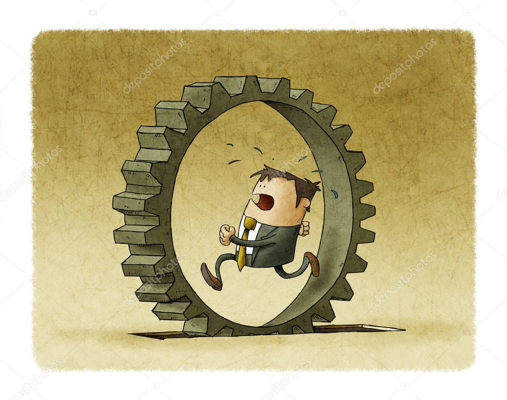 illustration of a businessman who is running inside a cogwheel, Concept of effort and daily routine.
