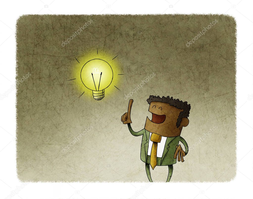 Funny illustration of a black man who has a lit bulb above his head. Creativity concept