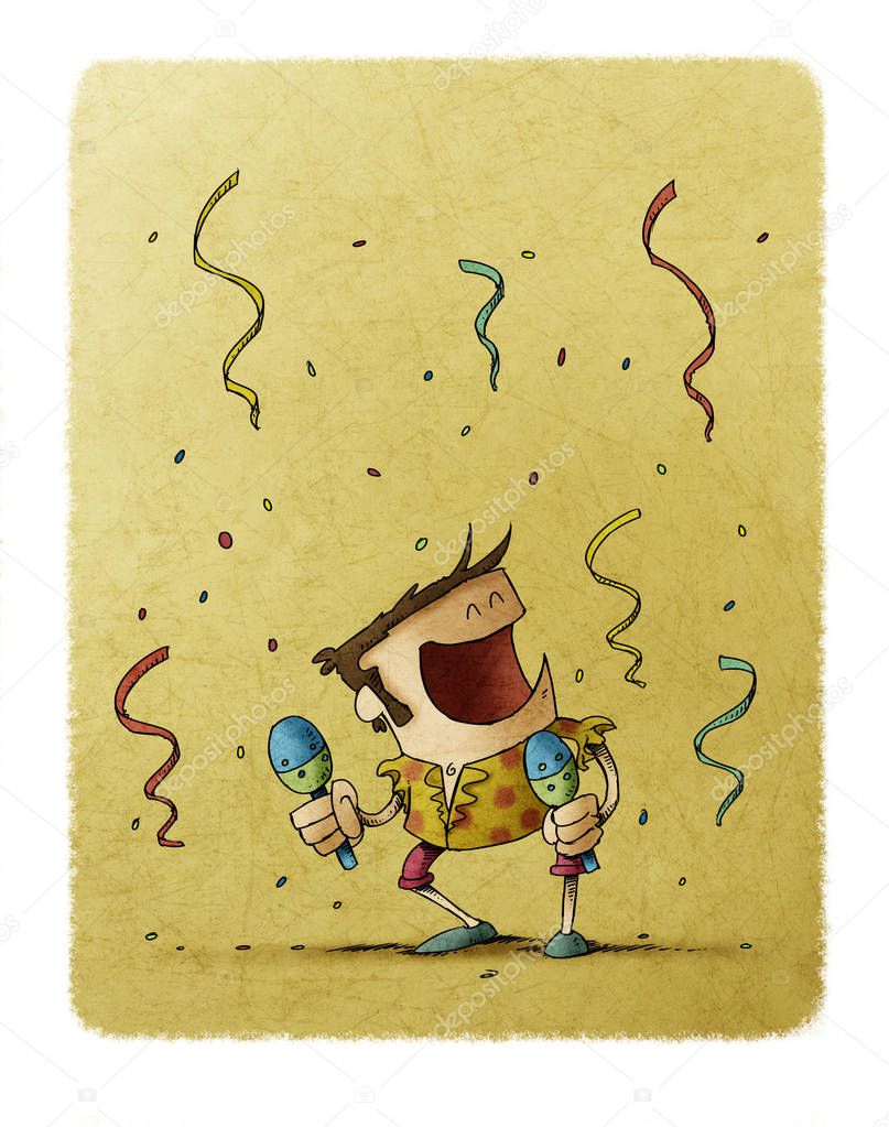 Funny illustration of a man dancing and playing the maracas. Celebration concept.