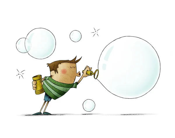 Funny illustration of a boy blowing hard to make a big soap bubble. isolated — ストック写真