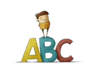 Çocuklukta mektup öğrenmek. A-B-C harflerinin üzerine tırmanan çok renkli bir çocuk tasviri.