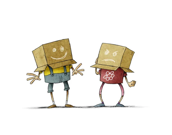 Couple of children with a box on the head, a box has a cheerful face and the other an angry face. Concept of joy and anger. isolated — Stock Photo, Image