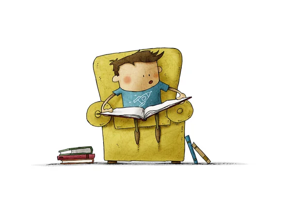 Okumayı öğrenme çağında küçük bir çocuk. Koltuğunda açık bir kitapla oturan bir çocuğun komik bir tasviri. izole. — Stok fotoğraf