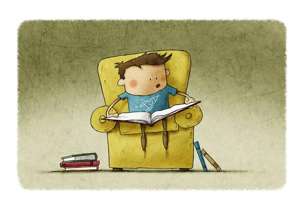 Kleine jongen in de leeftijd van leren lezen. Grappige illustratie van een jongen zittend in een fauteuil met een open boek. — Stockfoto