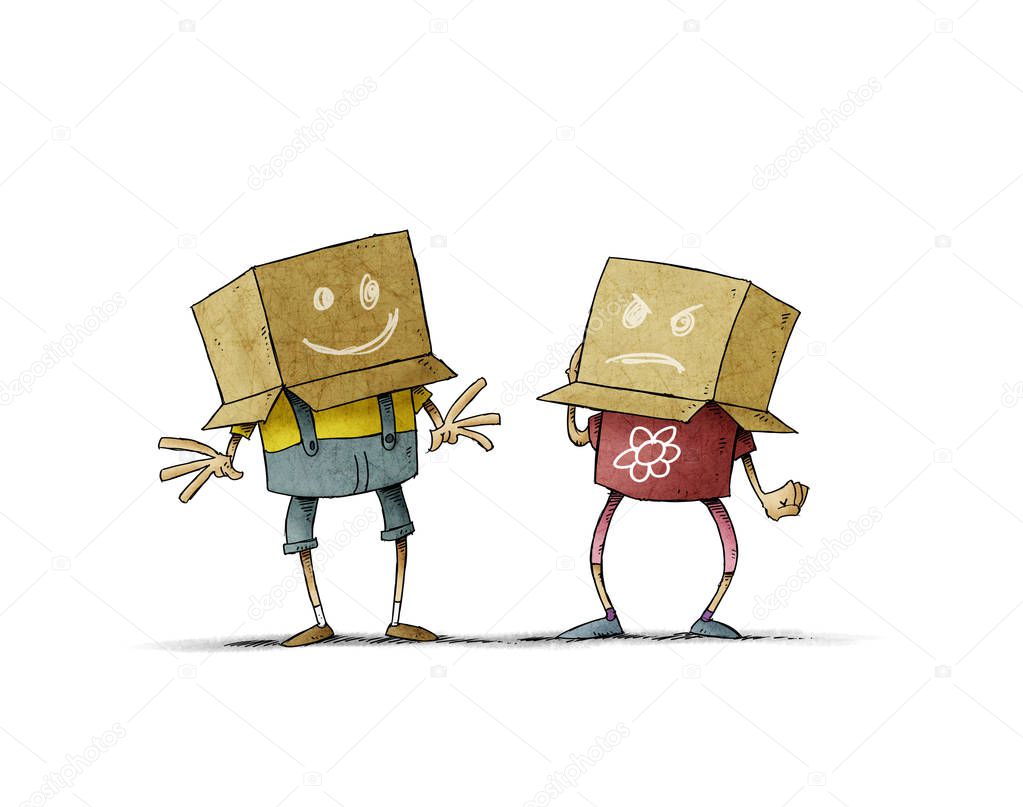 Couple of children with a box on the head, a box has a cheerful face and the other an angry face. Concept of joy and anger. isolated