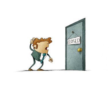 shocked man looking at a door where there is a sign that says closed. Isolated clipart