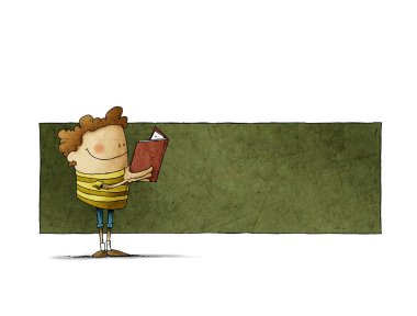 Elinde kitap olan sevimli çocuk kitap okuyor. Arkasında da yeşiller içinde yazı yazacak yer var. izole