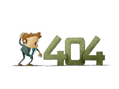 404 Hata Sayfası bulunamadı. Şok adam hata mesajına bakar. izole