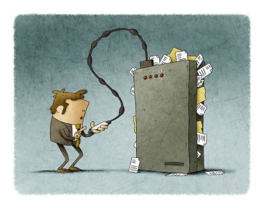 Businessman is transferring files from his mobile to a hard drive that is very full. clipart