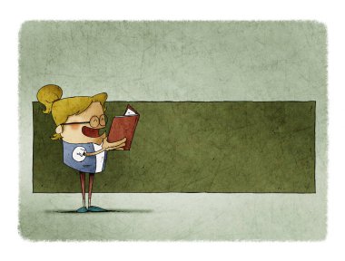 Elinde kitap olan tatlı bir kız okuyor. Arkasına da yeşil yazılar koyacak yer var..