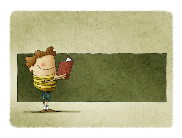 Söt pojke med en bok i sina händer läser, bakom det finns utrymme i grönt för att sätta text. — Stockfoto