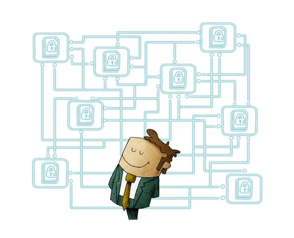 Illustration of a man with his digital files protected behind. Protect cloud information data concept. isolated — Stock Photo, Image