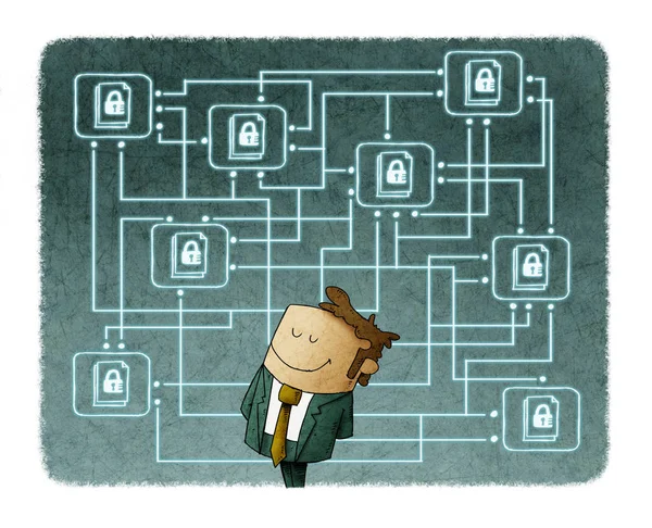 Illustration of a man with his digital files protected behind. Protect cloud information data concept. — Stock Photo, Image