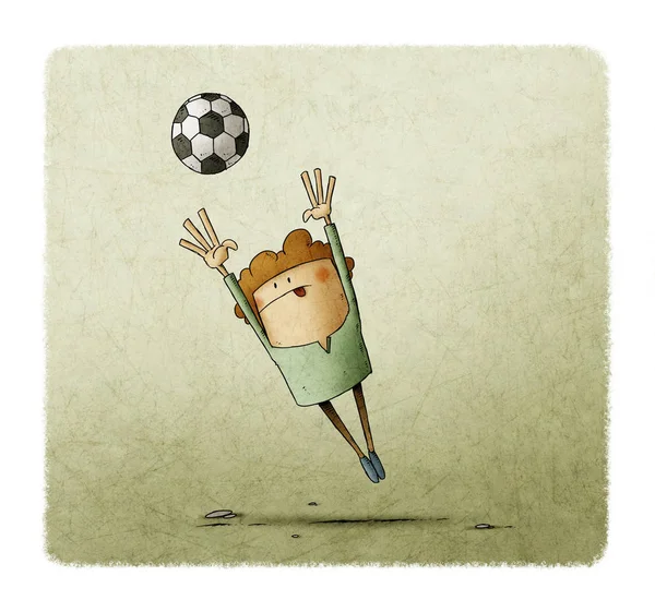 Ilustração de um menino que está pulando para pegar uma bola de futebol — Fotografia de Stock