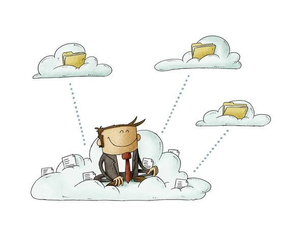 Businessman sitting on a cloud with files is transferring these to other clouds with folders. isolated