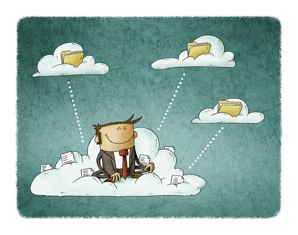 Businessman sitting on a cloud with files is transferring these to other clouds with folders. — ストック写真