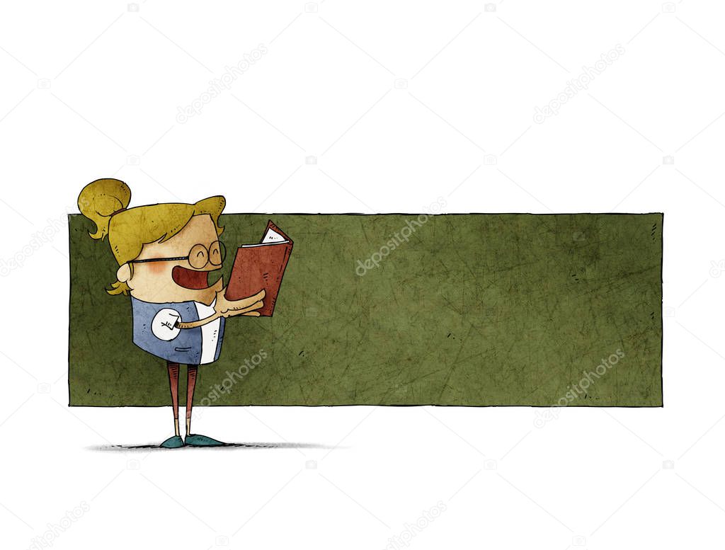 Cute girl with a book in his hands is reading, behind there is space in green to put text. isolated
