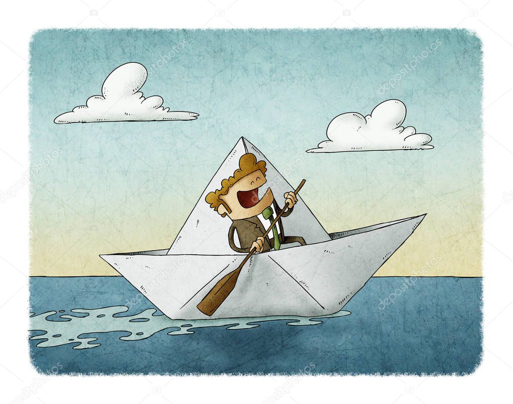 Businessman in a paper boat with an oar in hands
