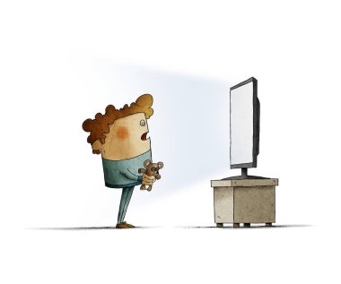 Hipnotize edilmiş çocuk televizyona bakıyor. Bağımlılık konsepti. izole