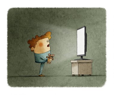 Hypnotized boy is staring at a television. addiction concept clipart