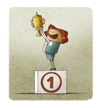 Business woman on a podium with the number one lifts a trophy with her hands. clipart