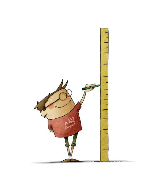 Boy with glasses makes a mark on a ruler in which he has measured his height. isolated — Stock Photo, Image