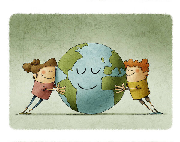 Двое очаровательных детей нежно обнимают планету Земля, которая улыбается
.