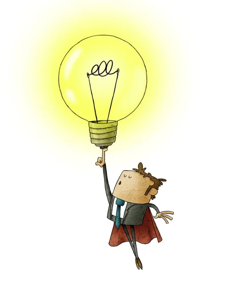Businessman dressed in superhero with cape, flies raising a light bulb with his finger. creativity concept. isolated