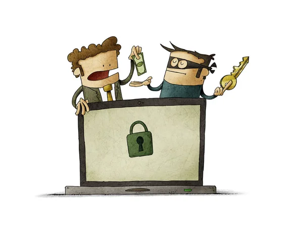 Facet płaci złodziejowi za klucz, żeby odblokował komputer. Koncepcja wirusa ransomware. izolowany — Zdjęcie stockowe