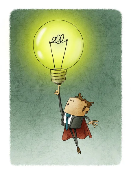 Businessman dressed in superhero with cape, flies raising a light bulb with his finger. creativity concept.