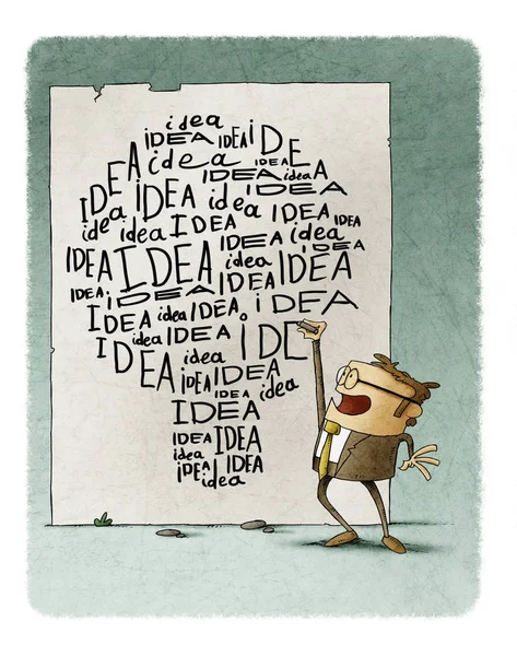Businessman writes many times the word idea on the wall, the words make the shape of a light bulb.