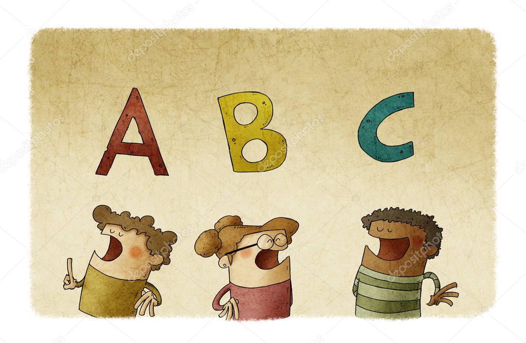 three diverse children under the first letters of the alphabet. literacy learning concept