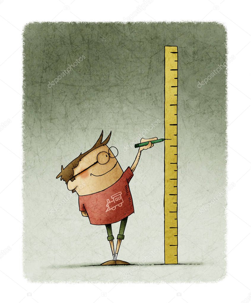 boy with glasses makes a mark on a ruler in which he has measured his height.