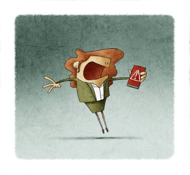 Korkak iş kadını elinde uyarı işaretiyle cep telefonunun ekranına bakıyor.