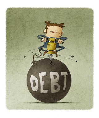 İş adamı, içinde borç sözcüğünün yazılı olduğu büyük bir topu bir makineyle kırıyor.