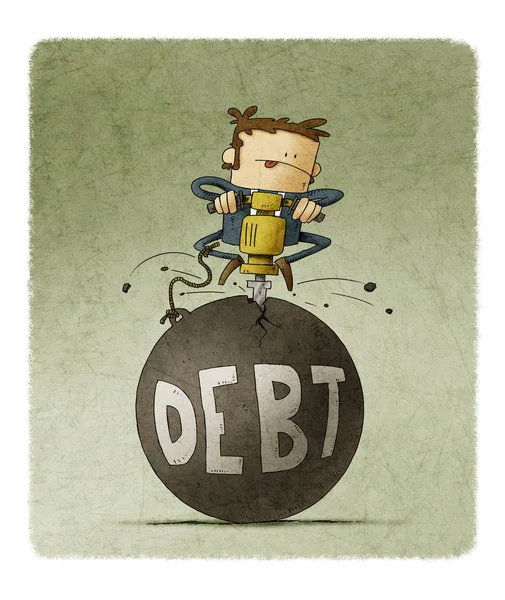 Empresário está quebrando com uma máquina uma enorme bola em que a palavra dívida é escrita — Fotografia de Stock