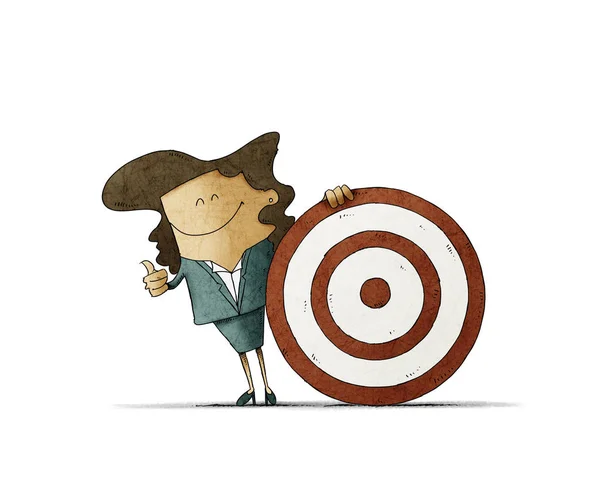 Smiling business woman, is next to a big target. talent search concept. isolated