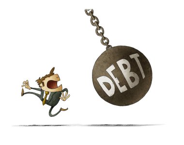 Businessman runs because a big ball with the word debt is going to hit him. isolated