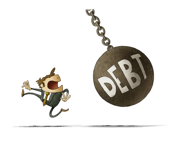 Επιχειρηματίας τρέχει επειδή μια μεγάλη μπάλα με τη λέξη χρέος πρόκειται να τον χτυπήσει. απομονωμένα — Φωτογραφία Αρχείου