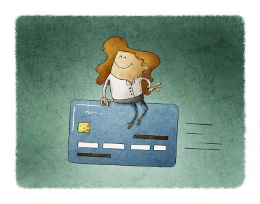 Woman is sitting on top of a flying credit card.