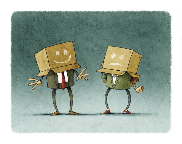 work team with boxes on the head with different expressions