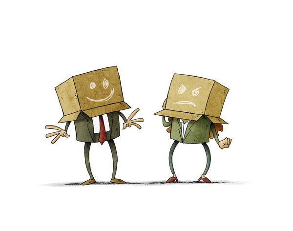 work team with boxes on the head with different expressions. isolated