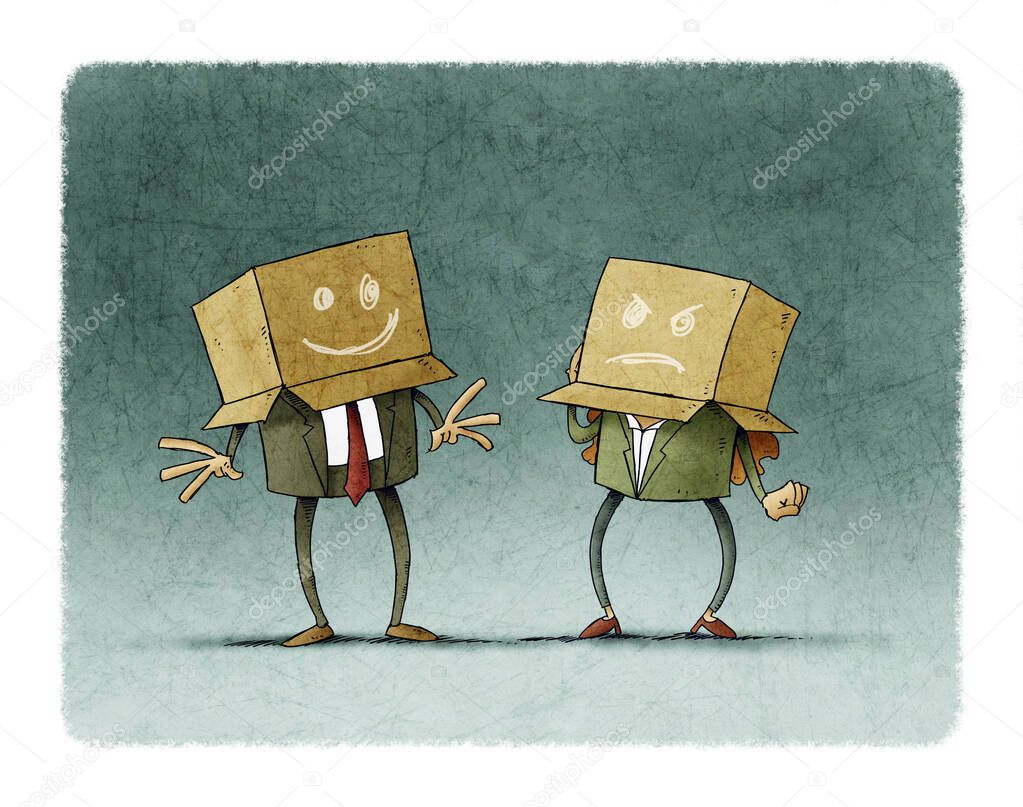 work team with boxes on the head with different expressions