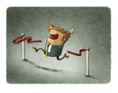 İşadamı kırmızı kurdeleyi kırarak bitiş çizgisini geçiyor..